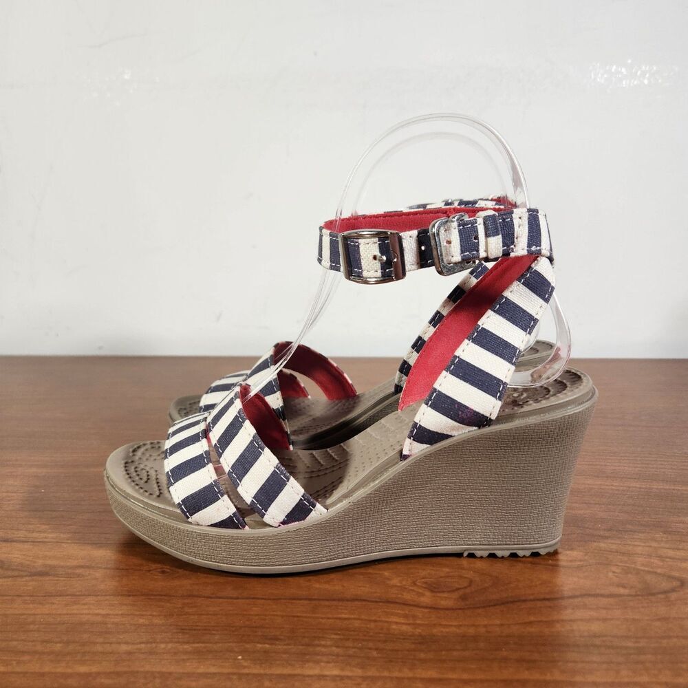 CROCS Navy and White Striped Wedge Sandals with Red Lining